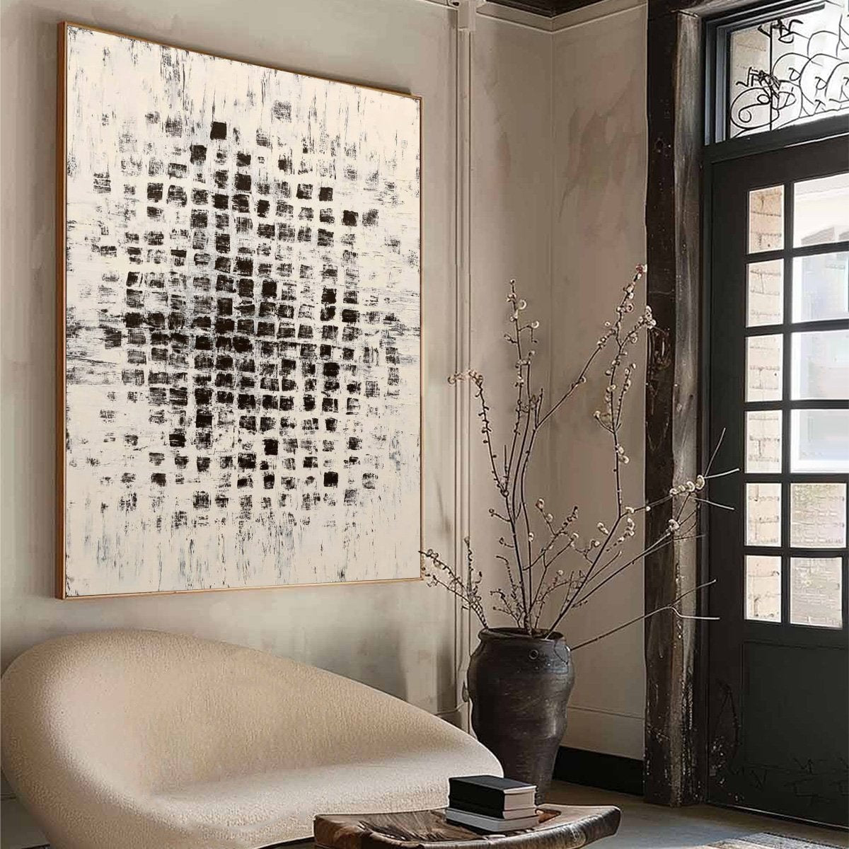 MATRIX: Large Black and White Textured Abstract Grid Painting