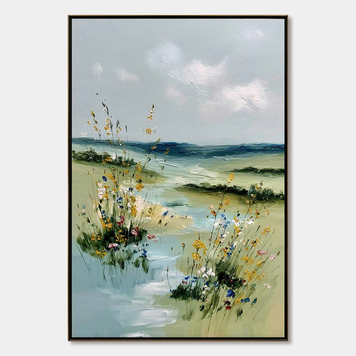 MEADOW WHISPERS: Textured Vertical Landscape Painting of a Wildflower Meadow