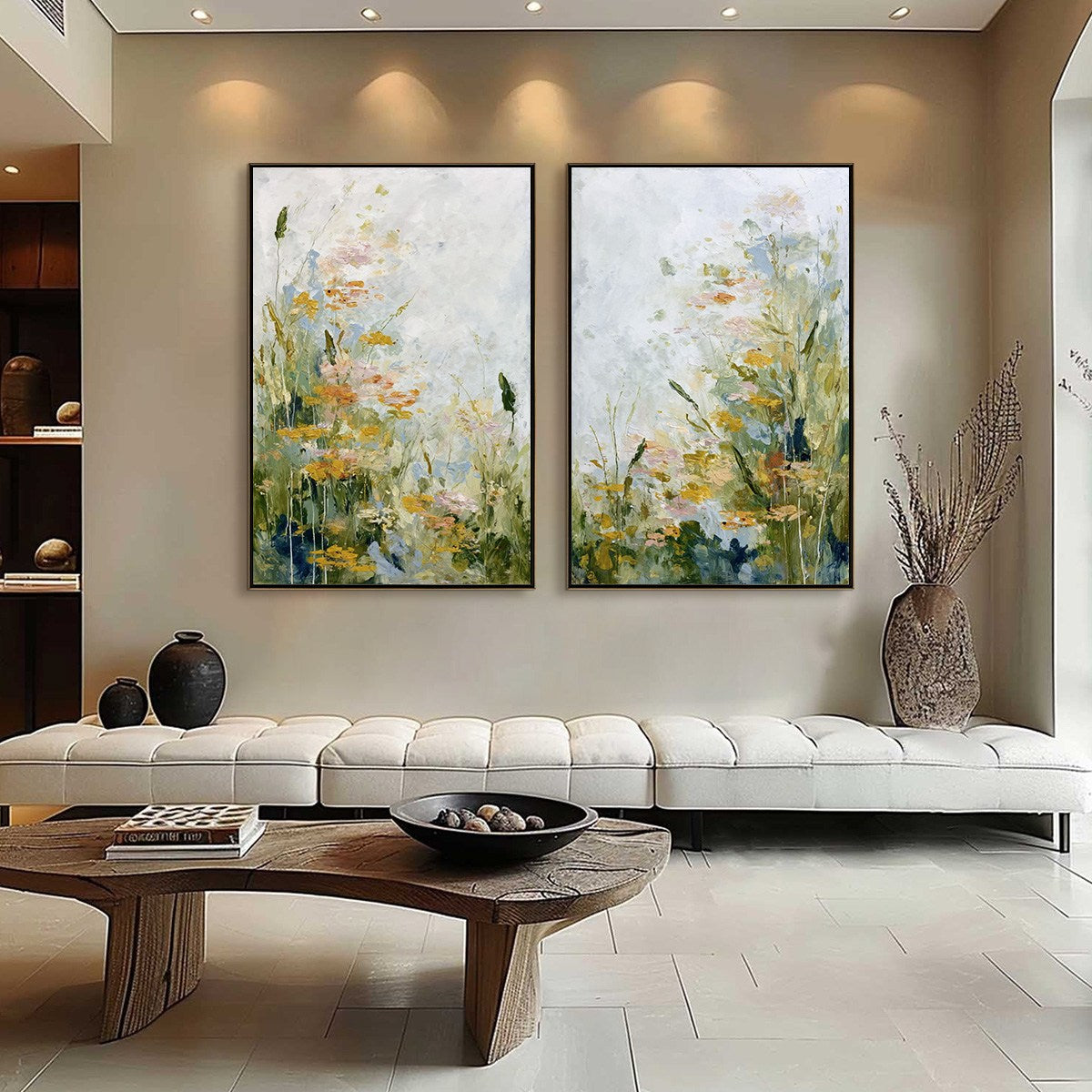 MEADOW'S WHISPER: Impressionist Wildflower Meadow Painting Diptych