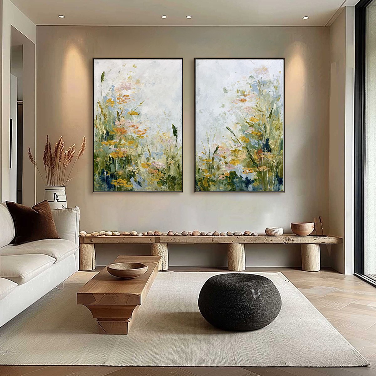 MEADOW'S WHISPER: Impressionist Wildflower Meadow Painting Diptych