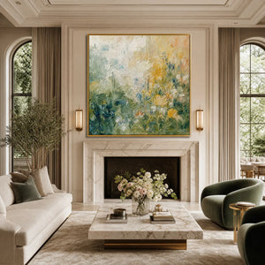 Textured impasto wildflower field painting in gold frame, modern wall art