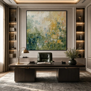 Textured impasto wildflower field painting in green, yellow and cream tones above modern desk
