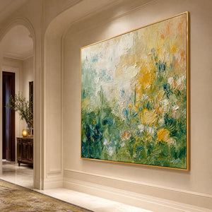 Textured impasto wildflower field wall art in gold frame, green and yellow oil painting