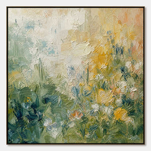 Textured impasto wildflower field painting in green, yellow, and cream tones