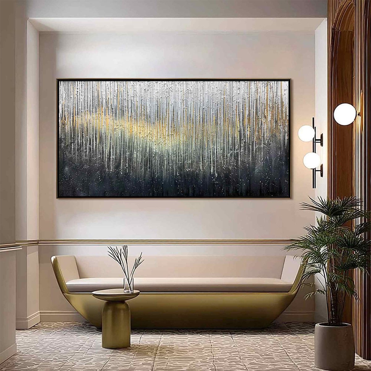 METALLIC CASCADE: Large Textured Abstract Gold and Silver Horizontal Painting