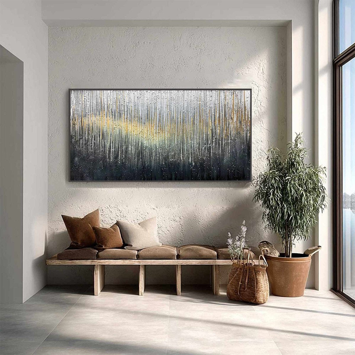 METALLIC CASCADE: Large Textured Abstract Gold and Silver Horizontal Painting