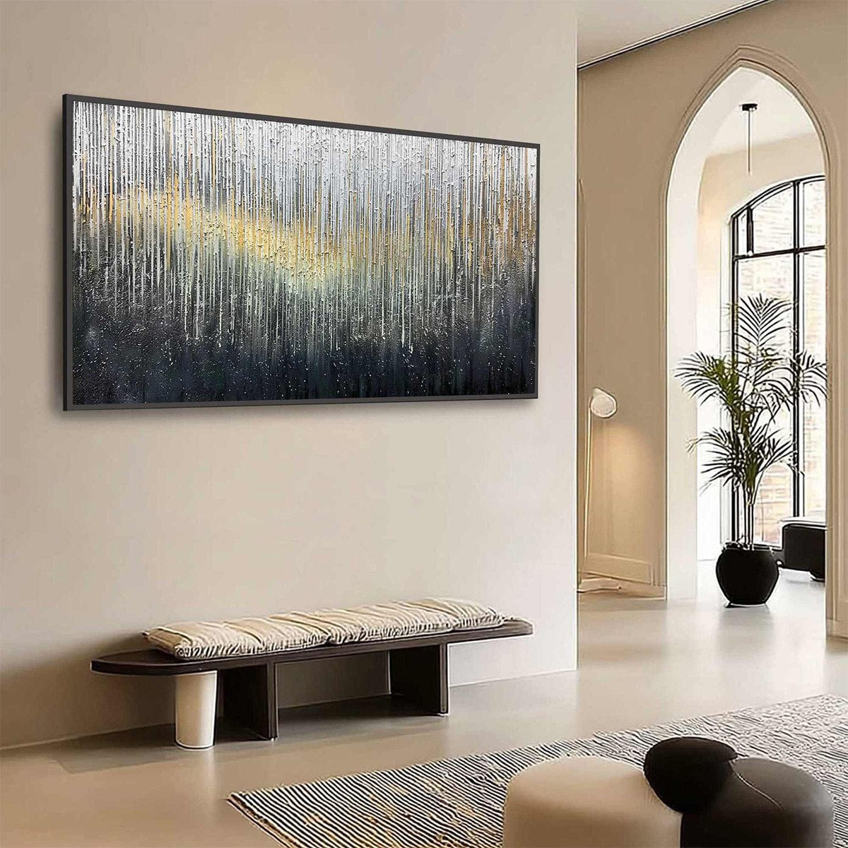 METALLIC CASCADE: Large Textured Abstract Gold and Silver Horizontal Painting