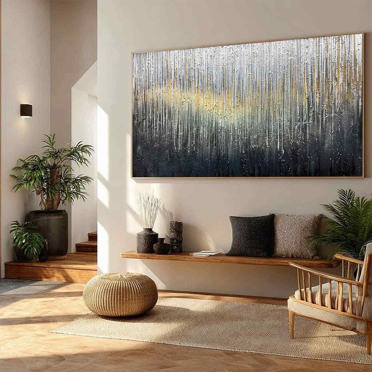 METALLIC CASCADE: Large Textured Abstract Gold and Silver Horizontal Painting
