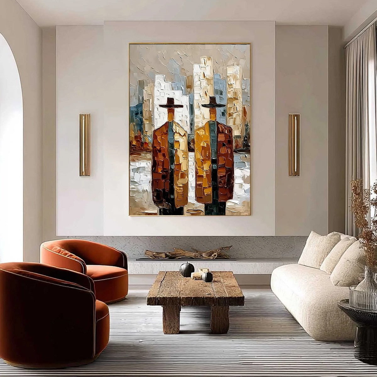 METROPOLIS DUO: Textured Palette Knife Painting of Figures in a City