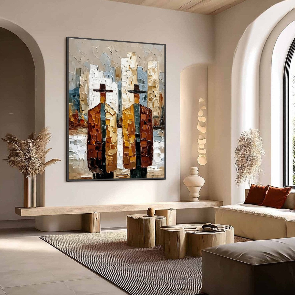 METROPOLIS DUO: Textured Palette Knife Painting of Figures in a City