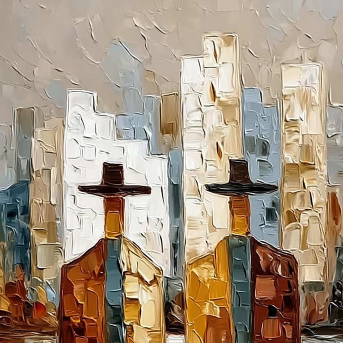 METROPOLIS DUO: Textured Palette Knife Painting of Figures in a City
