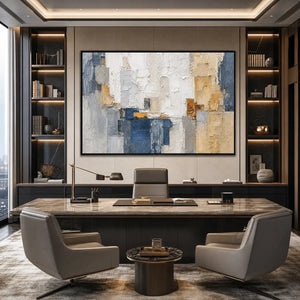 Textured abstract cityscape impasto painting in blue, white, and gold in modern office
