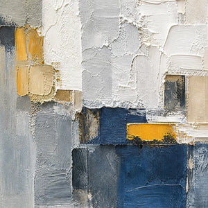 Textured abstract cityscape oil painting in white, gray, navy, and gold impasto