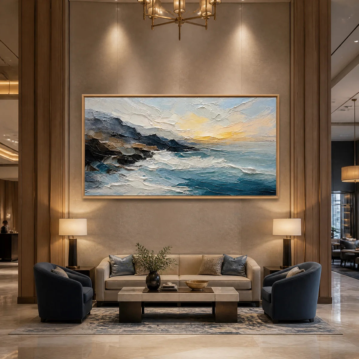 Textured oil painting of stormy ocean waves in blue-gray tones displayed in a luxury hotel lobby.