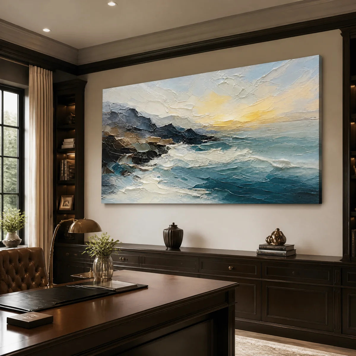 Textured oil painting of stormy ocean waves in blue-gray tones showcased above a luxury office desk.