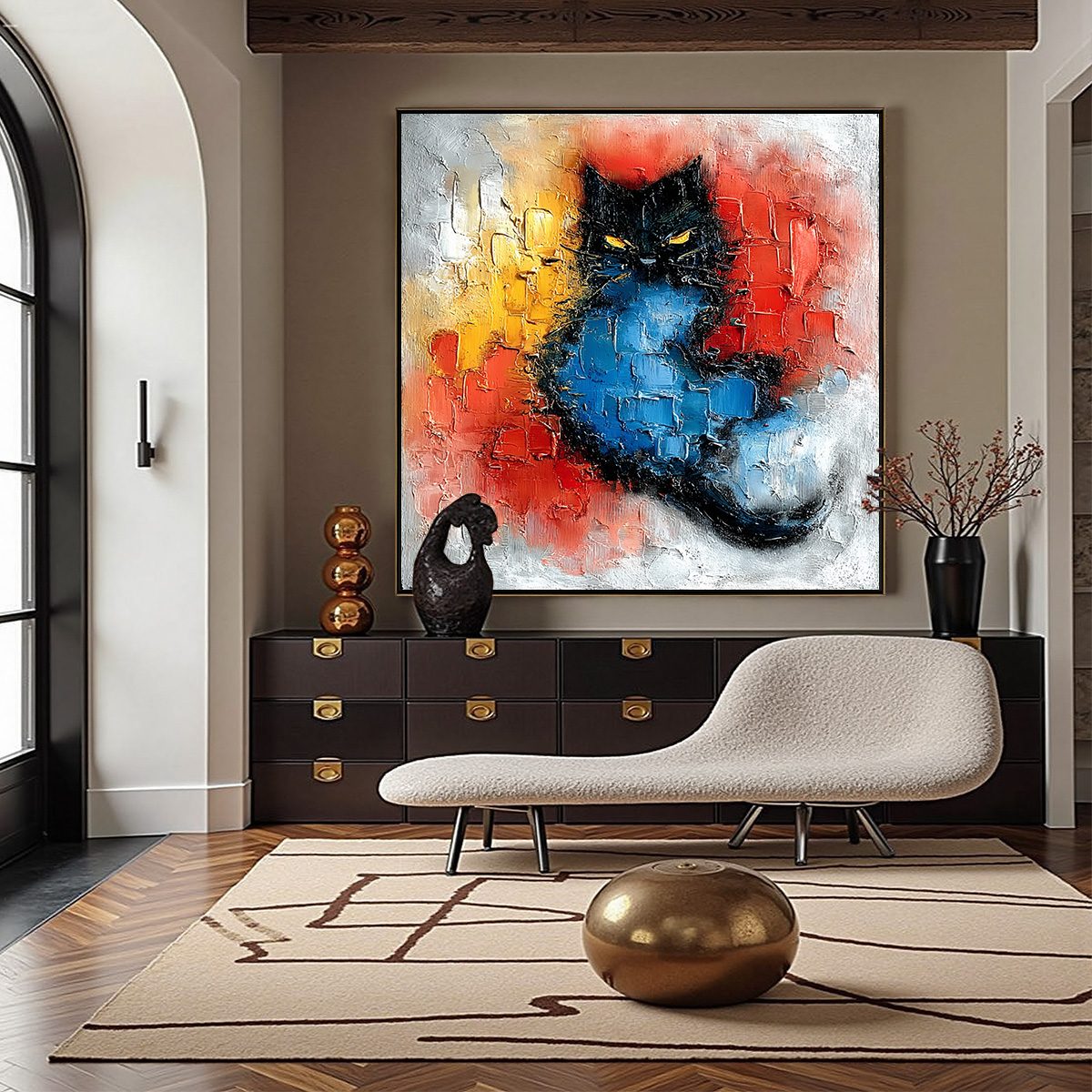 MIDNIGHT EMBER: Textured Impasto Black Cat Painting, Modern Animal Wall Art