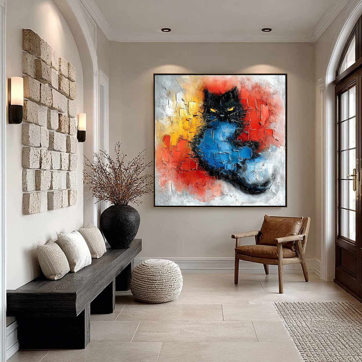 MIDNIGHT EMBER: Textured Impasto Black Cat Painting, Modern Animal Wall Art