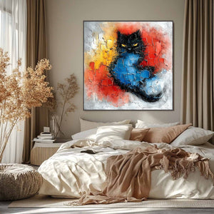 MIDNIGHT EMBER: Textured Impasto Black Cat Painting, Modern Animal Wall Art