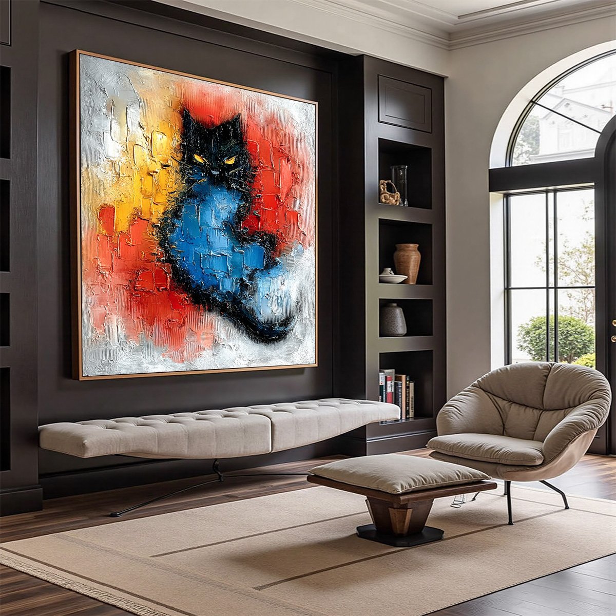 MIDNIGHT EMBER: Textured Impasto Black Cat Painting, Modern Animal Wall Art