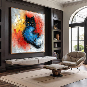 MIDNIGHT EMBER: Textured Impasto Black Cat Painting, Modern Animal Wall Art