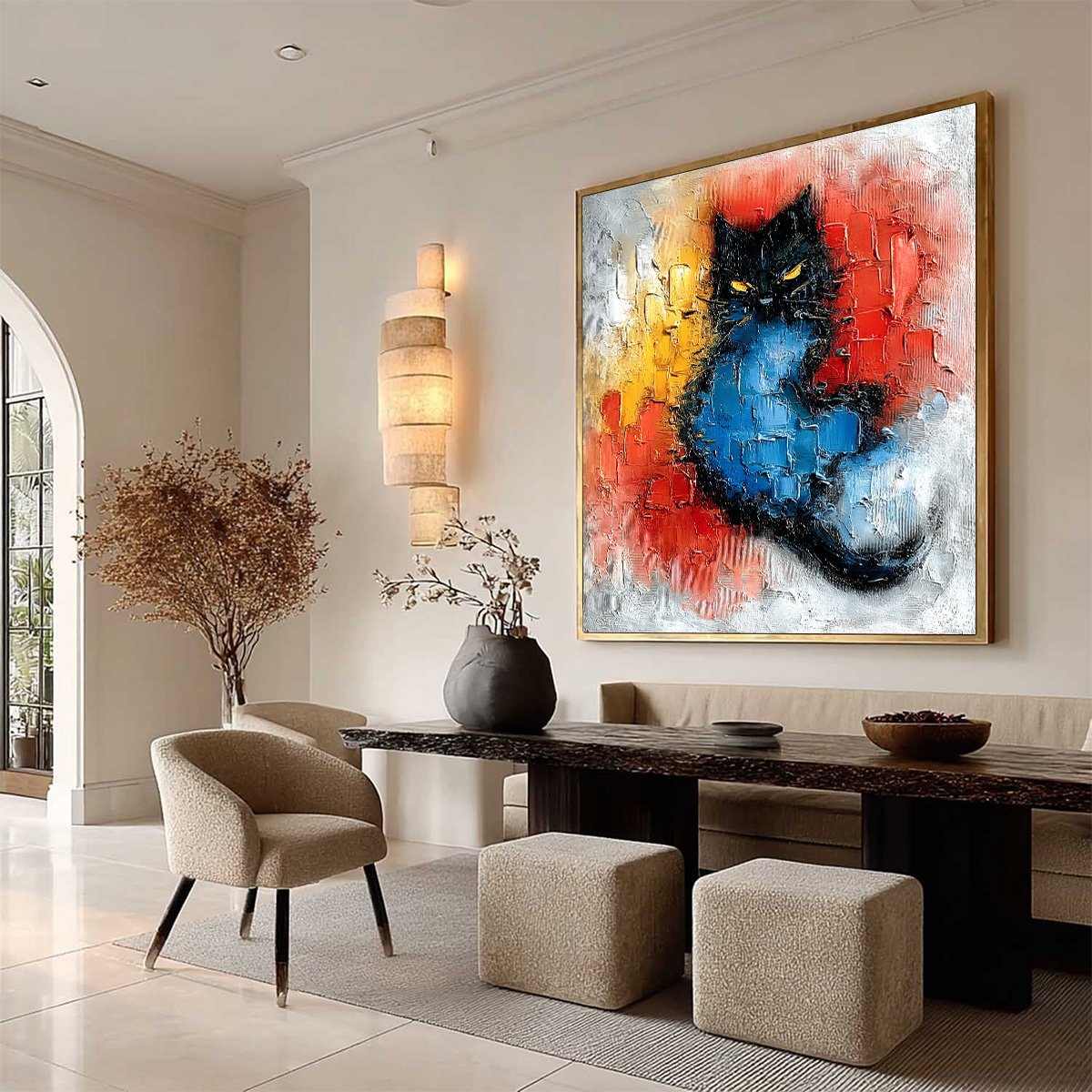 MIDNIGHT EMBER: Textured Impasto Black Cat Painting, Modern Animal Wall Art