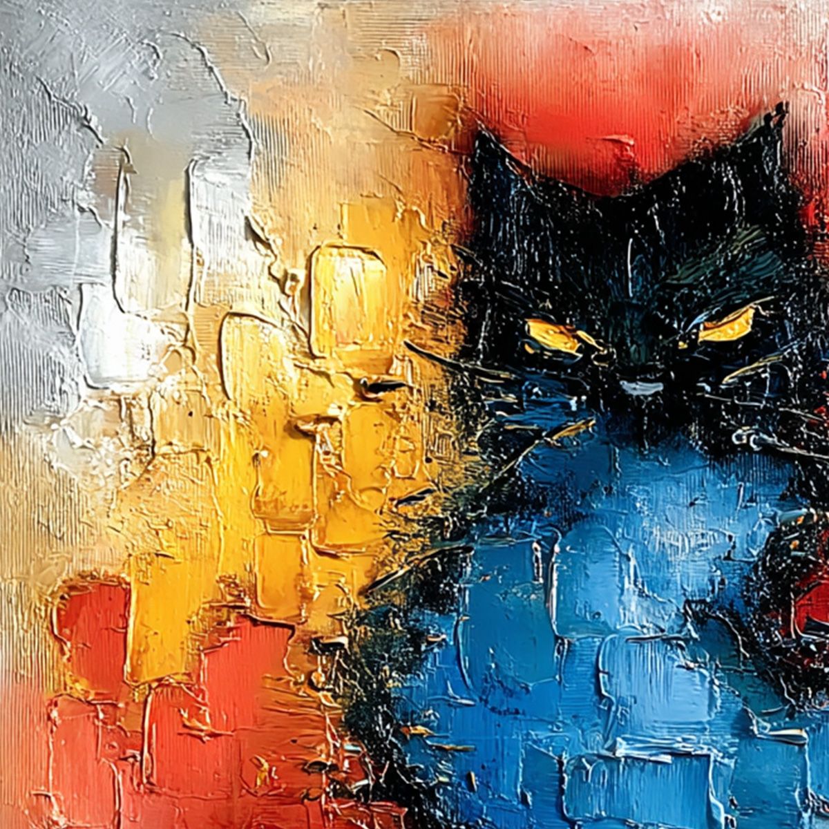 MIDNIGHT EMBER: Textured Impasto Black Cat Painting, Modern Animal Wall Art