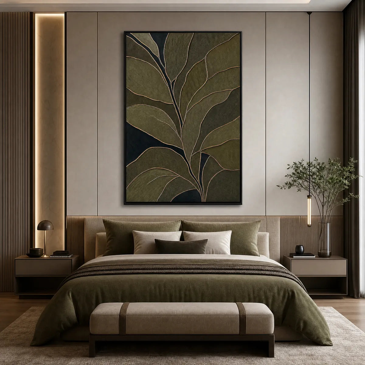 Textured botanical abstract wall art in olive green and midnight tones above a modern bed