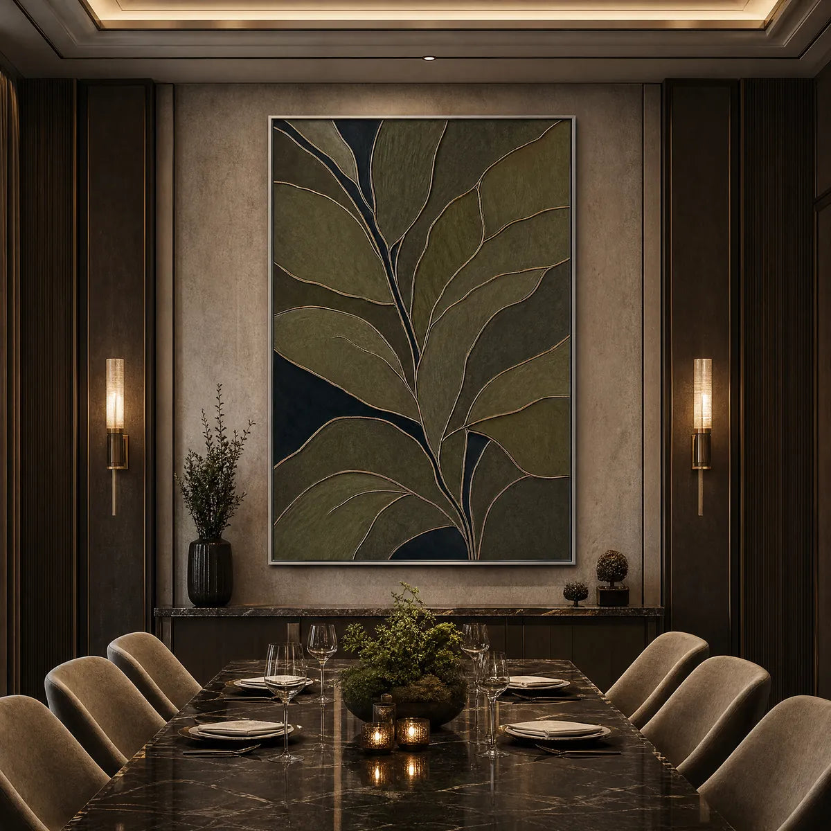 Textured botanical abstract wall art in olive green and midnight blue with gold leaf lines