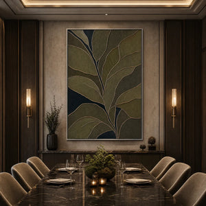 Textured botanical abstract wall art in olive green and midnight blue with gold leaf lines