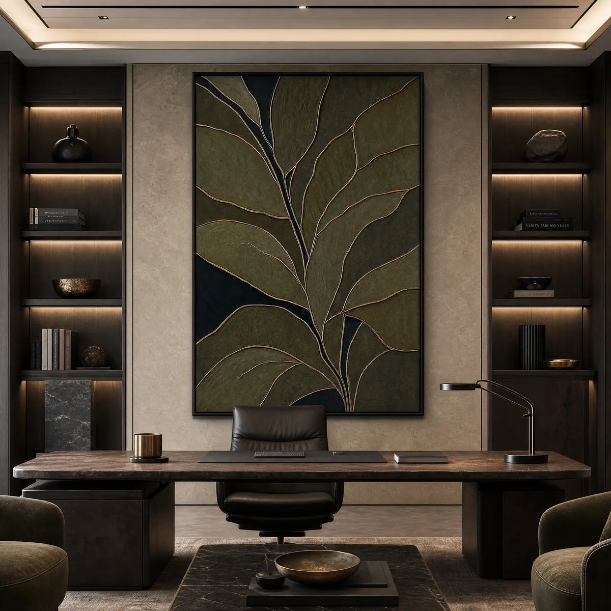 Textured botanical abstract wall art in olive green and midnight tones above modern office desk