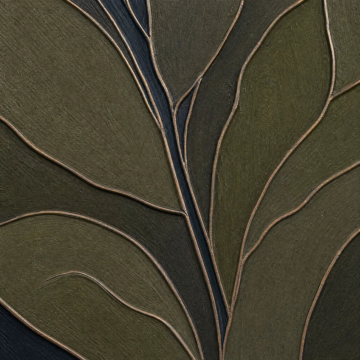 Textured botanical abstract painting in dark olive and forest green with gilded leaf lines