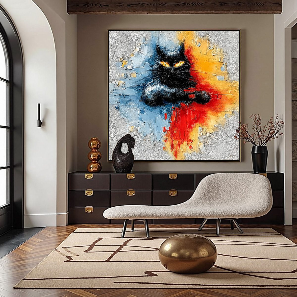 MIDNIGHT GAZE: Textured Abstract Black Cat Painting