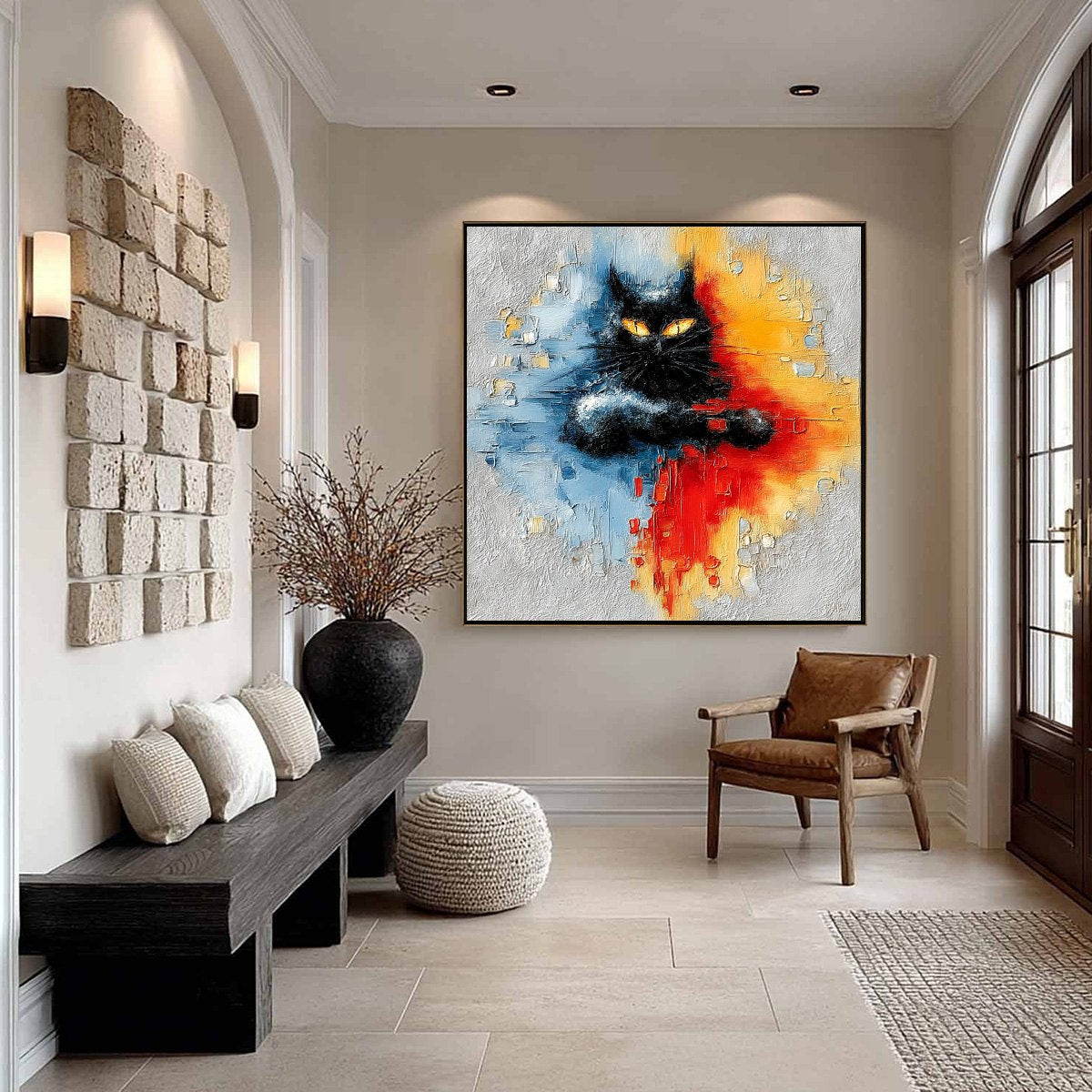MIDNIGHT GAZE: Textured Abstract Black Cat Painting