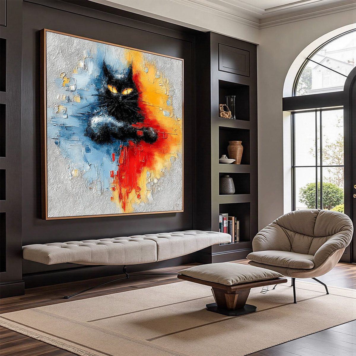 MIDNIGHT GAZE: Textured Abstract Black Cat Painting