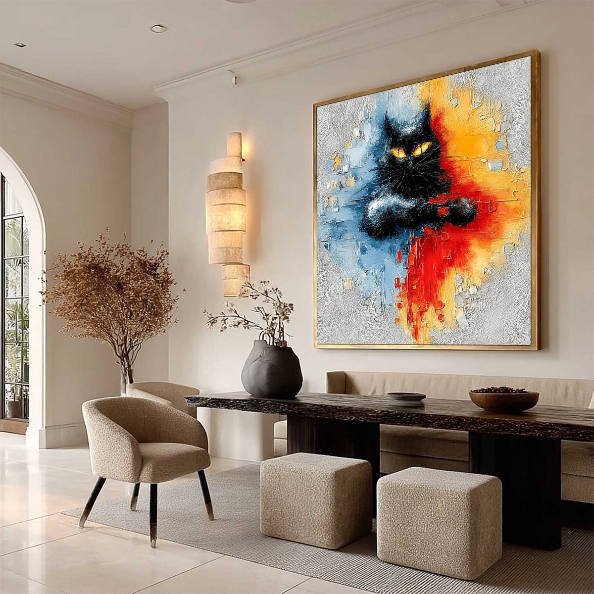 MIDNIGHT GAZE: Textured Abstract Black Cat Painting