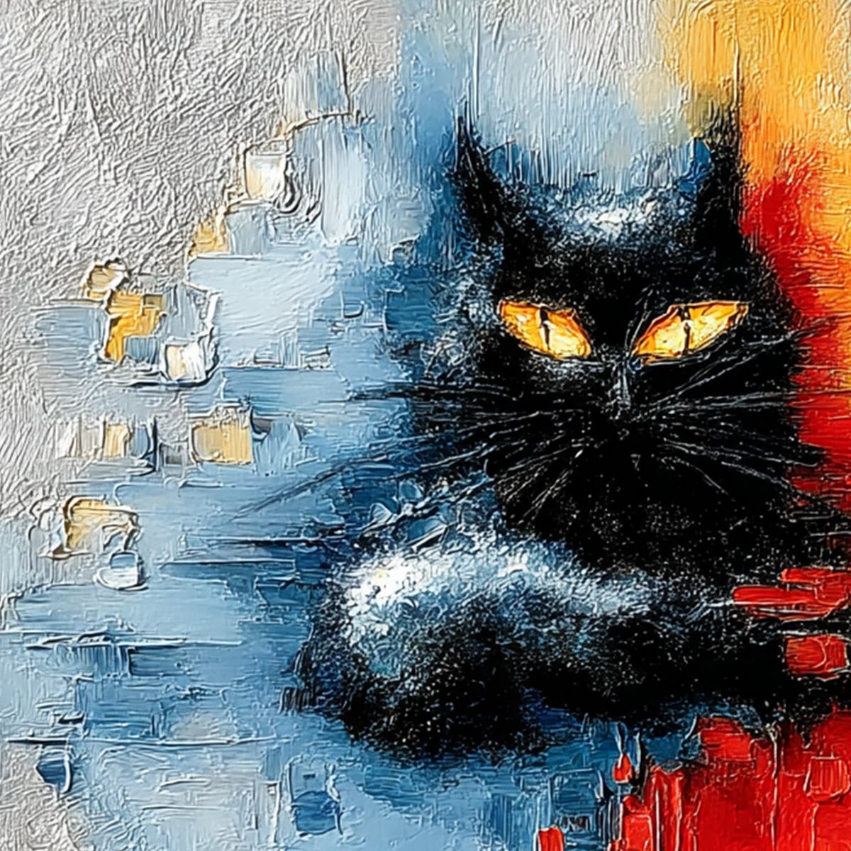 MIDNIGHT GAZE: Textured Abstract Black Cat Painting