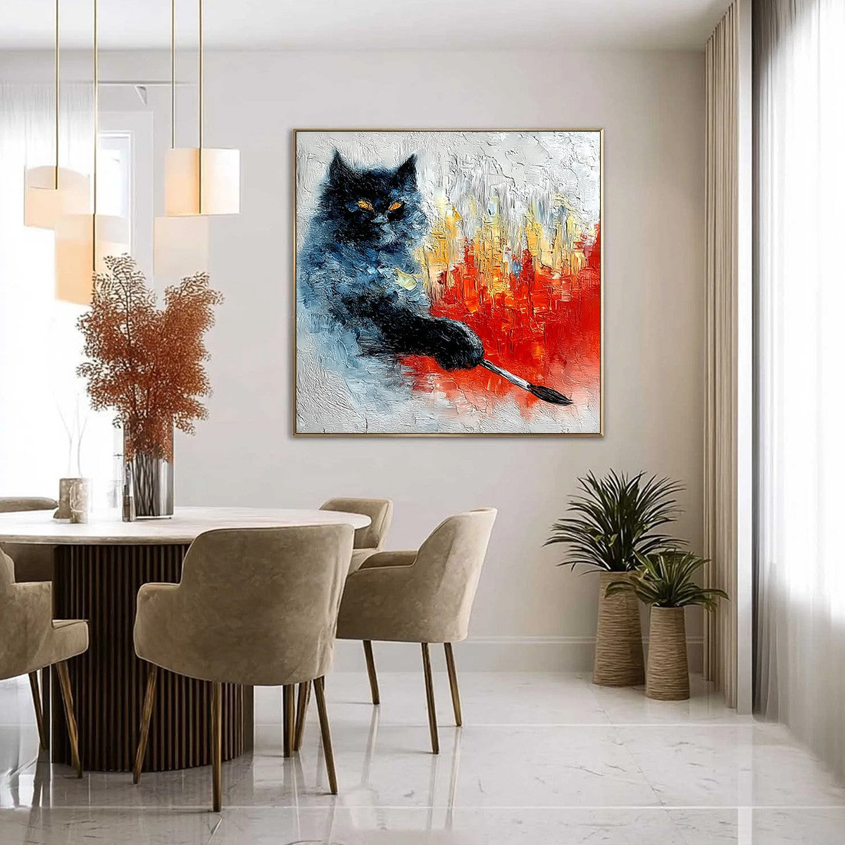 MIDNIGHT PAINTER: Textured Impasto Black Cat Painting with Abstract Colors
