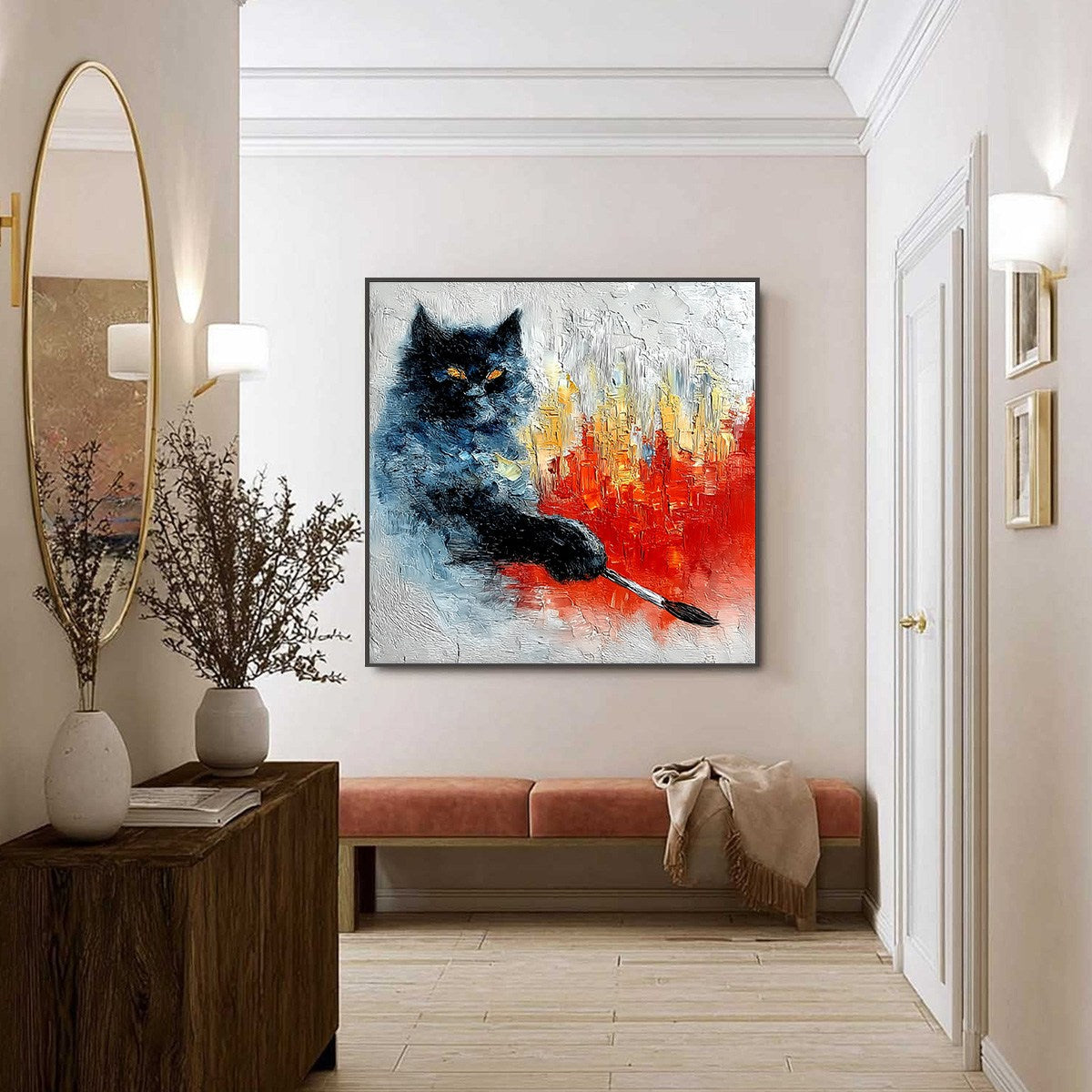 MIDNIGHT PAINTER: Textured Impasto Black Cat Painting with Abstract Colors