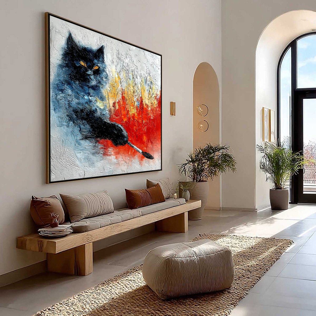 MIDNIGHT PAINTER: Textured Impasto Black Cat Painting with Abstract Colors