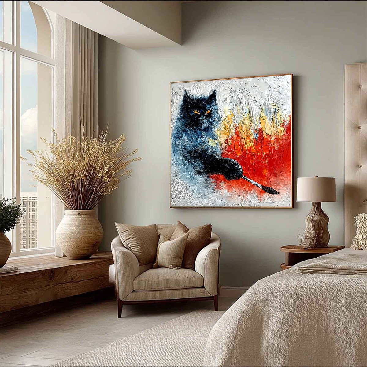 MIDNIGHT PAINTER: Textured Impasto Black Cat Painting with Abstract Colors