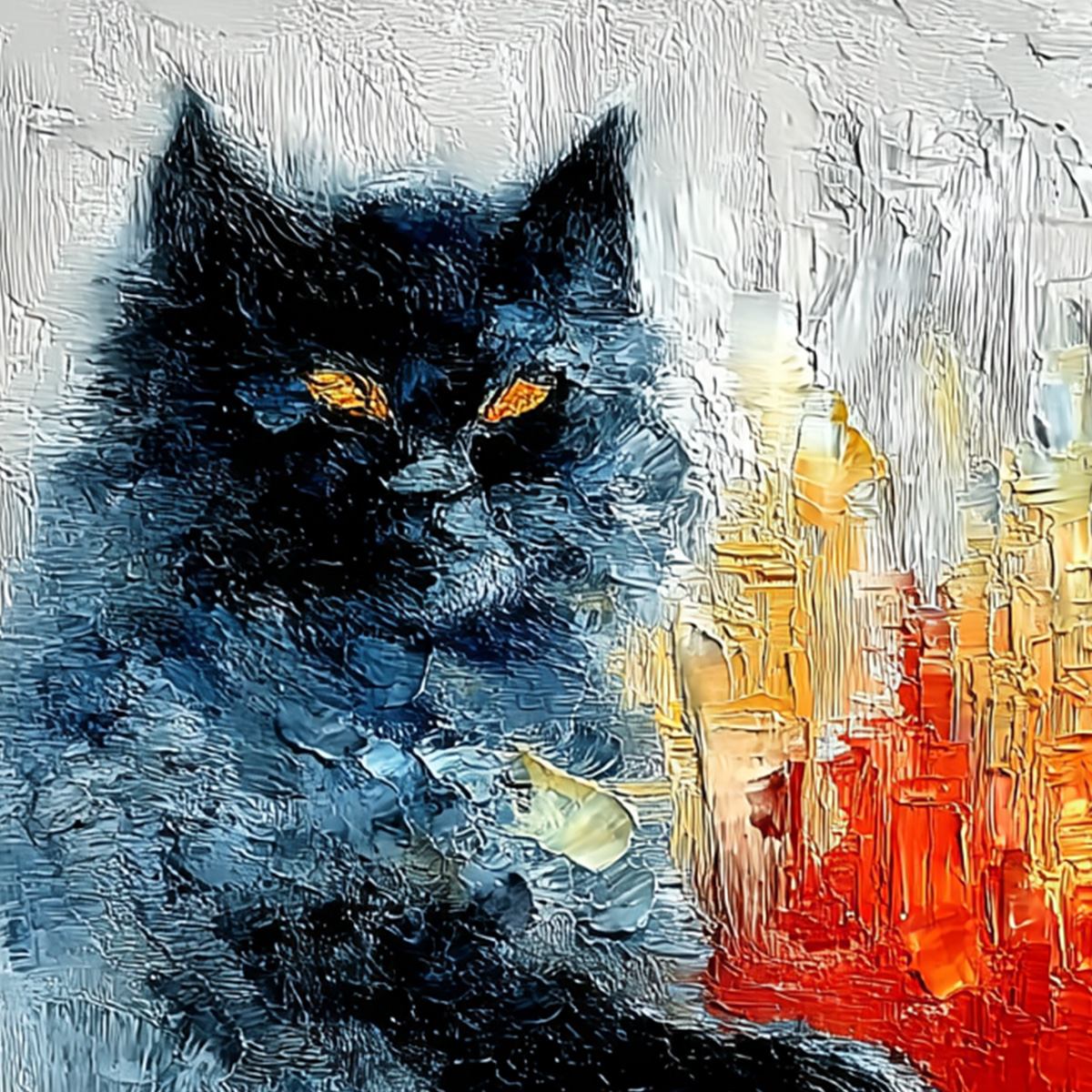 MIDNIGHT PAINTER: Textured Impasto Black Cat Painting with Abstract Colors
