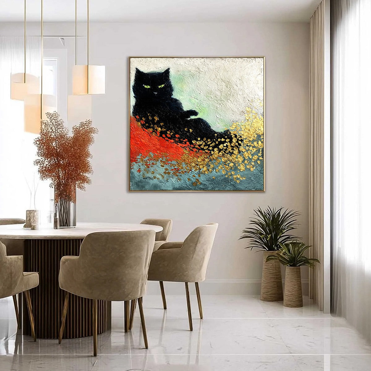 MIDNIGHT REIGN: Abstract Black Cat Painting with Gold Leaf Texture