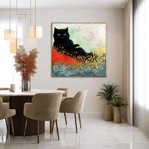 MIDNIGHT REIGN: Abstract Black Cat Painting with Gold Leaf Texture