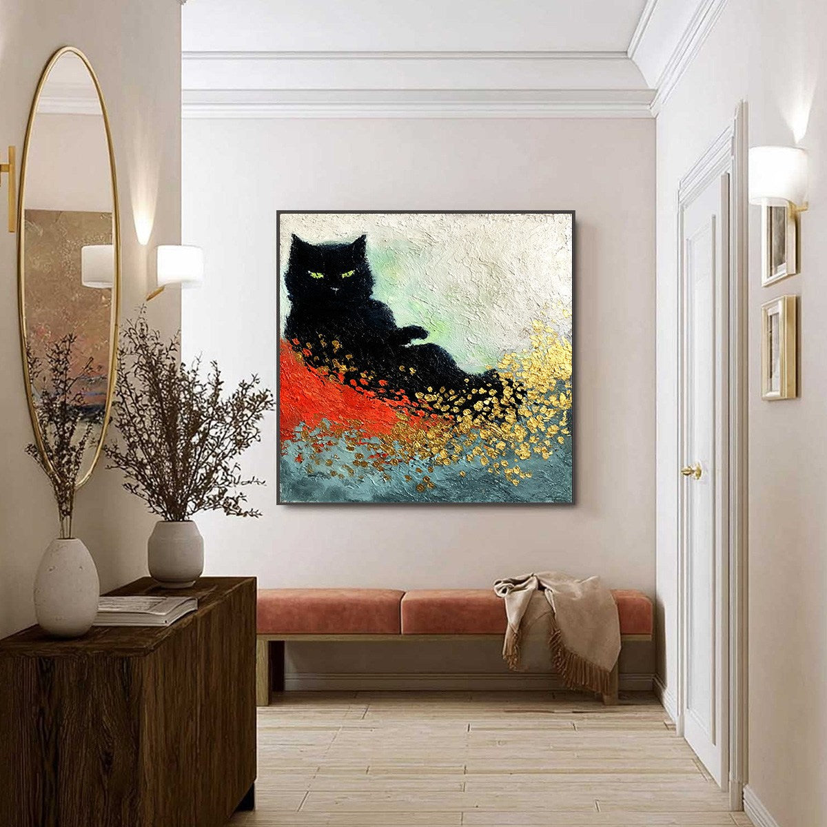 MIDNIGHT REIGN: Abstract Black Cat Painting with Gold Leaf Texture