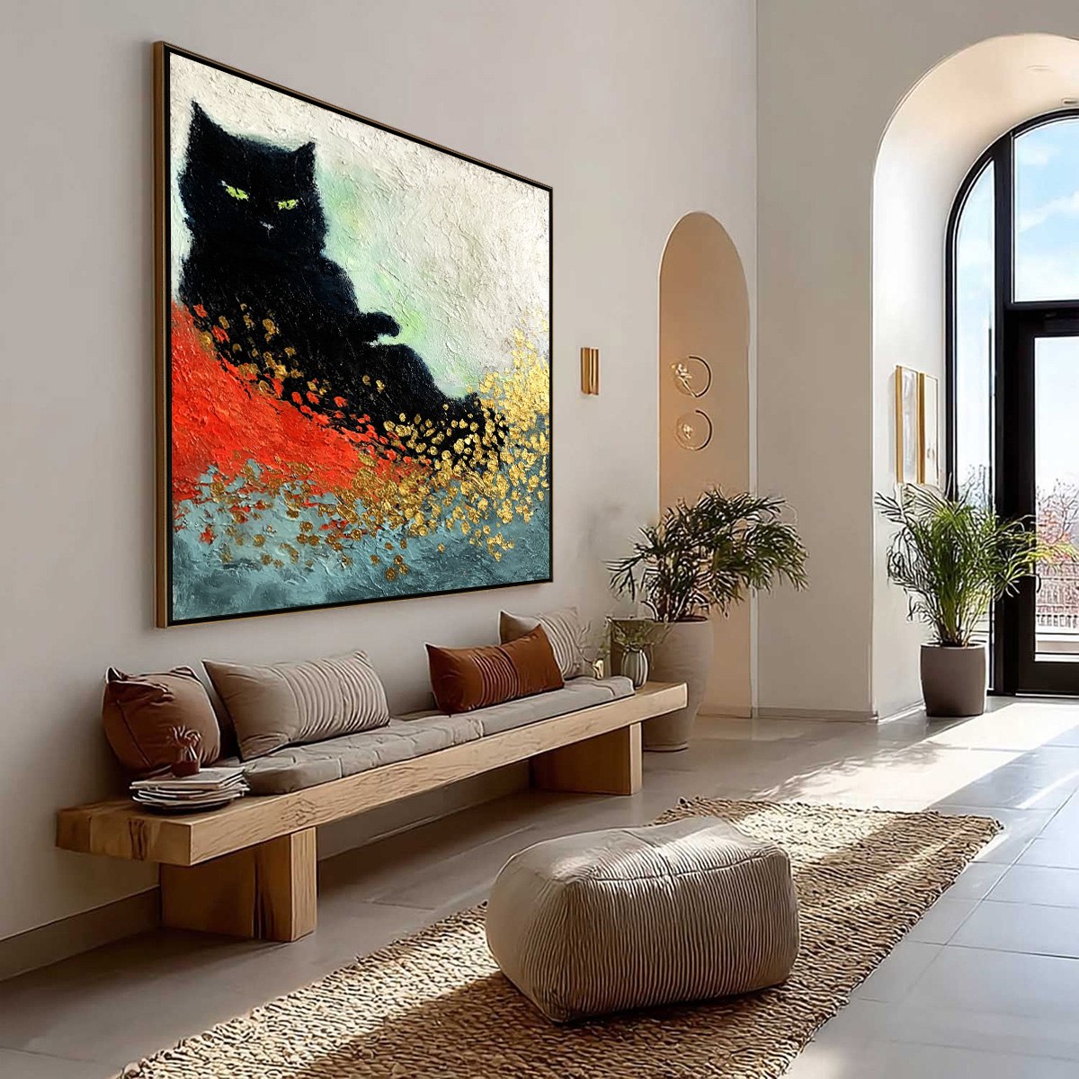 MIDNIGHT REIGN: Abstract Black Cat Painting with Gold Leaf Texture