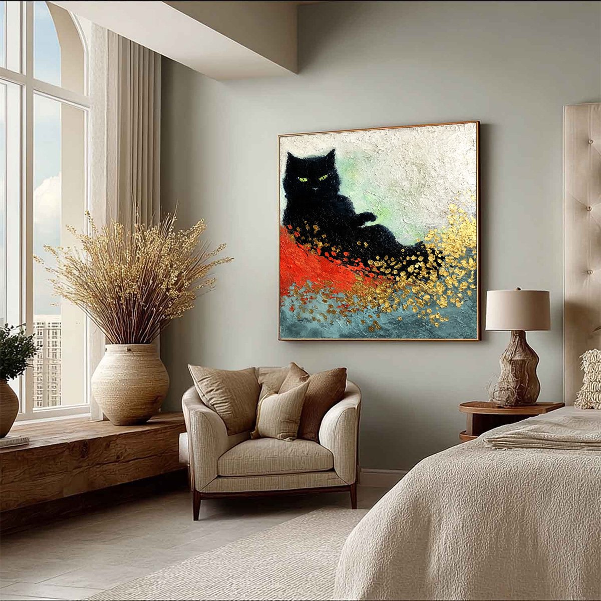MIDNIGHT REIGN: Abstract Black Cat Painting with Gold Leaf Texture