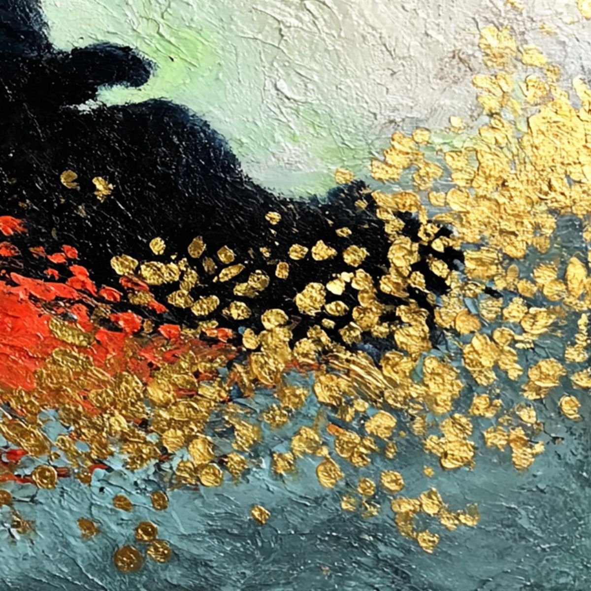 MIDNIGHT REIGN: Abstract Black Cat Painting with Gold Leaf Texture