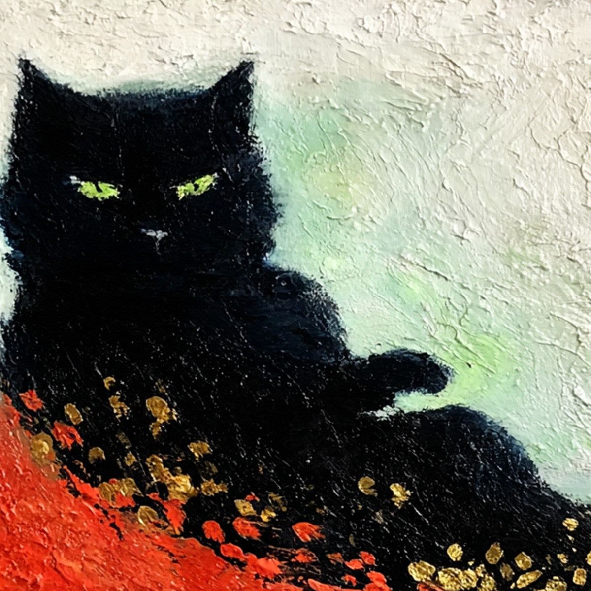 MIDNIGHT REIGN: Abstract Black Cat Painting with Gold Leaf Texture