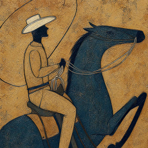 Rustic Wabi Sabi equestrian wall art with rider on dark horse, textured gold background