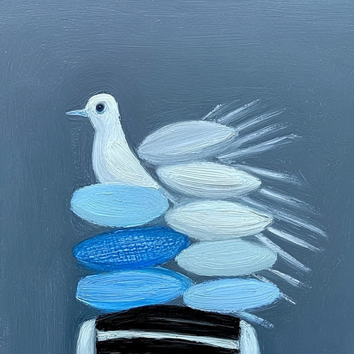 Original textured oil painting of white dove on blue ovals, "Mind's Flight" modern wall art.